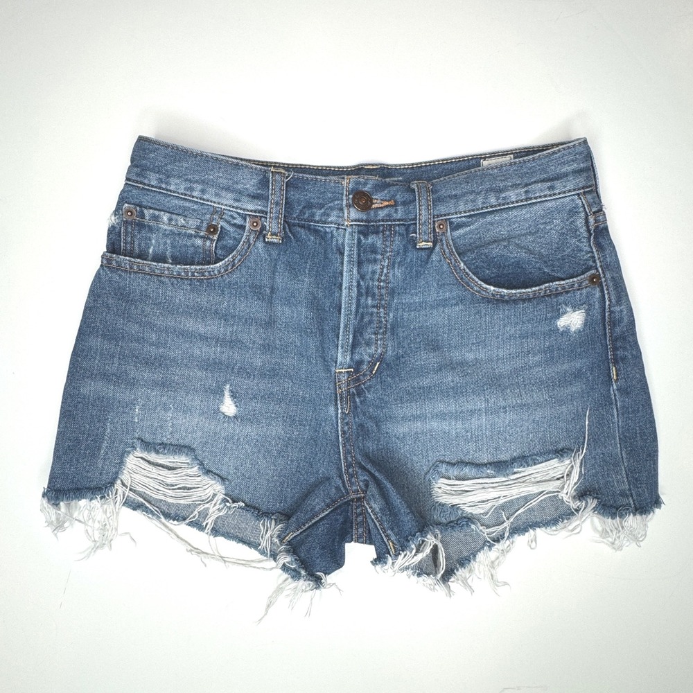 WE THE FREE Sofia‎ Cut-off Jean Shorts 26 Medium Wash Blue Distressed Button Fly